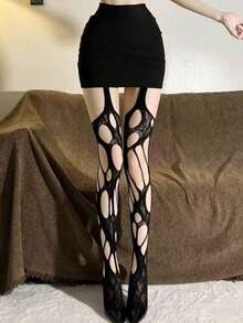 Vintage zerrissene Fischernetzstrümpfe mit Rosen-Cut-Out-Design, asymmetrisches Design, Gothic Punk Stil