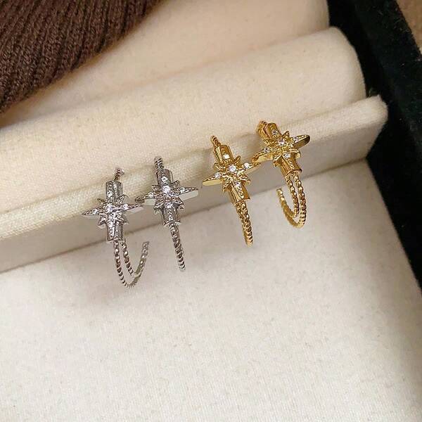 1 Pair Minimalist Zirconia Star C-Shape Stud Earrings, Suitable For Daily Wear And Parties