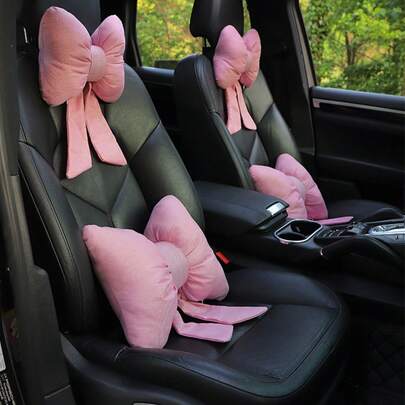 1 pieza Almohada lumbar y de cuello ergonómica para el automóvil - Poliéster cómodo, mejora la experiencia de conducción, apoyo lumbar y de cabeza color rosa, decoración interior del automóvil para damas