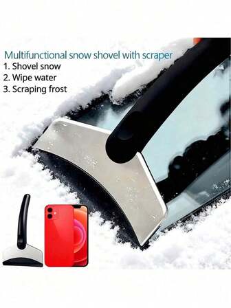 1pc Durable Stainless Steel Snow Shovel, Multipurpose Winter Snow Removal Tool With Ice Scraper And Window Cleaner, Suitable For All Vehicle Types