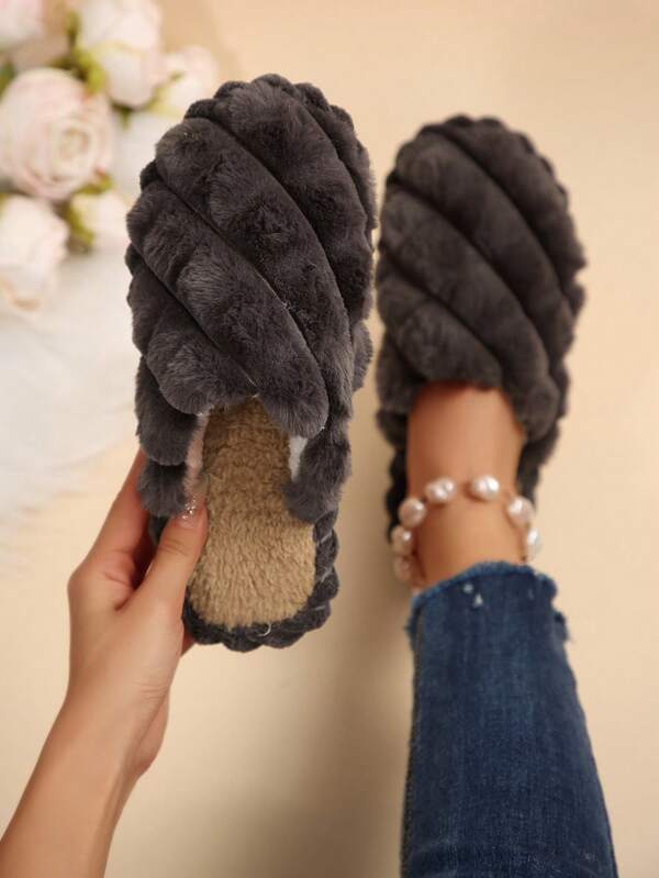 Women's Thick Striped Plush Lined Slippers, Drawstring Design, Warm & Anti-Slip For Indoor Wear In Winter
