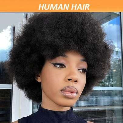 Women Wigs For Women - 200% Density Short Afro Kinky Curly Rose Net Cap | Natural Brazilian Remy Human Hair | Fluffy Soft Style Basics For African Females | Machine-Made Full Wig