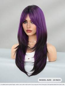 Gorgeous-24 Inch Layered Violet Purple Wigs For Women,Long Straight Wigs With Curtain Bangs, High Density Fluffy Synthetic Heat Resistant Fiber Hair Wig For Anime Cosplay Wear, Music Festival Party Use - 紫羅蘭色 - 查看 3