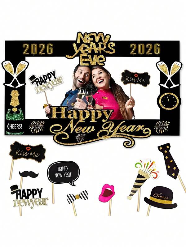 1set 2026 New Year's Eve Photo Booth Party Pack – Self-Adhesive Photo Frame (Golden Lettering+Confetti Decor), Backdrop, Props (Champagne Glasses/Mustache Cutouts/Speech Bubbles/Party Hats), Golden & Black Balloons, Confetti | DIY Assembly (Sturdy Sticks), Easy Setup For NYE Celebrations