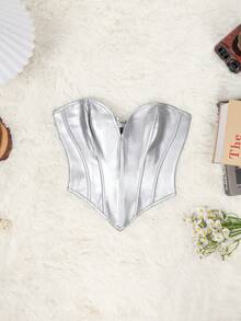 Apperloth A 哥特式金屬質感後背繫帶手帕下擺PU皮革腰封式緊身胸衣上衣 - 銀色 - 查看 7