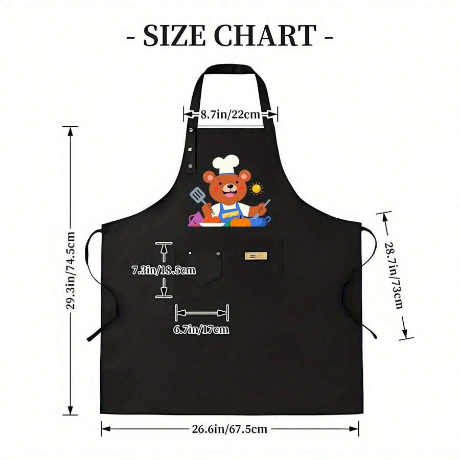 1pc Cute Cartoon Bear Chef Print Kitchen Apron With Large Pockets, Adjustable Long Straps & Durable Polyester - Multi-Purpose For Cooking, Milk Tea Shops, Salons, Art Studios, Flower Shops, Artistic Smock, Playful Design, Functional Design - AZX0001 - 查看 1