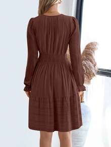 Women Fall Short Dress Casual Long Sleeve V Neck Elastic Waist A-Line Lightweight Flare Mini Dress Spring Autumn Party Holiday Dating Valentine Sun Dress Outfits - 棕紅色 - 查看 2