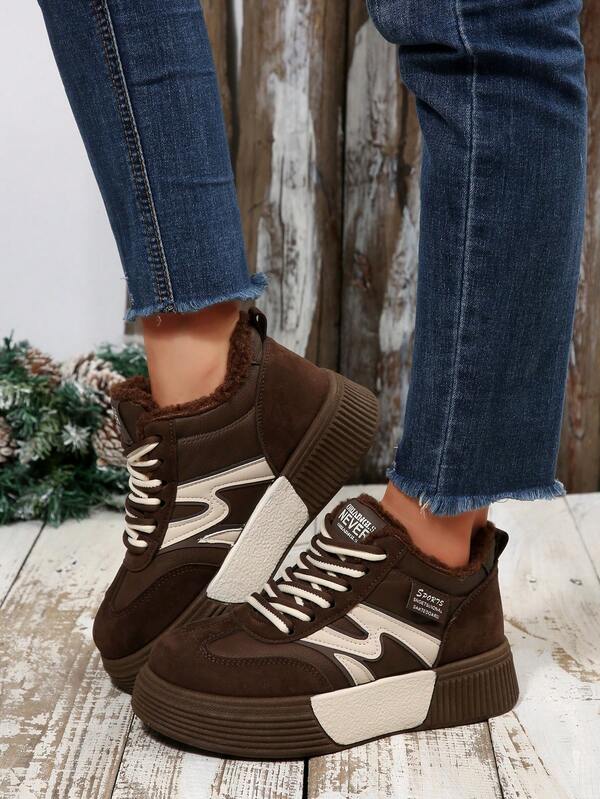 Stivali da neve da donna, nuovi per l'autunno/inverno 2025, con fodera calda, punta tonda, stringati, stile campus, eleganti e carini, impermeabili, versatili per uso esterno, silenziosi e caldi per uso interno, stivali alti alla caviglia con pelliccia soffice, stivali alla moda super spessi e pelosi, scarpe sportive antifreddo da donna, stivali alla caviglia alla moda