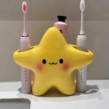 1 Cute Star Shape Plastic Toothbrush Holder - Freestanding Bathroom Storage With Cute Face Design, Durable Plastic Construction, Space-Saving Toothbrush And Toothpaste Holder