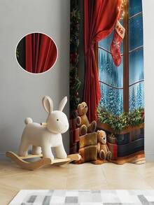 2PCS Christmas-Themed Brushed Fabric Digital Print Curtains, Luxurious Warm And Playful Style Design With Red Curtains, Moonlit Snowy Forest Window, Christmas Tree, Teddy Bears And Gift Piles, Rod Pocket Installation, Semi-Transparent Polyester Fiber Material, Suitable For Living Room, Kitchen, Bedroom, Dining Room, Filling Your Home With Festive Atmosphere - Multicolor - View 6