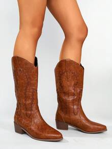 Brown Western Style Fashion Pointed Toe Butterfly Embroidery Chunky Heel Pull-On Mid-Calf Cowboy Boots For Women, Autumn/Winter - Brown - View 4