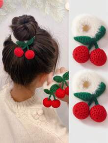 2个装女孩/青少年樱桃针织毛绒发圈，可爱公主风，适合日常、秋冬季、圣诞节佩戴 - 彩色 - 查看 7