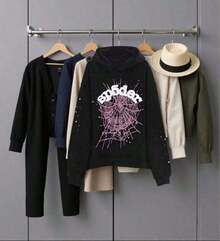 Male And Female NeutralMen's Cartoon Character Print Long Sleeve Casual Hooded Sweatshirt,Spider Web Print Hoodies Men Gothic Punk Long Sleeve Sweatshirts Pants Streetwear Autumn Casual Hop Loose Pullovers-Tailoring Suitable Men Suitable Autumn And Winter Ornamental - 黑色 - 查看 3