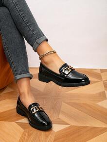 Mocasines de mujer, zapatos planos con hebilla de metal de punta redonda, zapatos planos retro para mujer para exteriores, zapatos negros, zapatos casuales - Negro - Ver 2