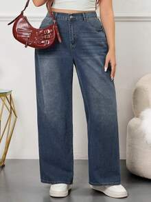 Blue Vintage Denim Pocket Plus-Size Wide-Leg Boyfriend Jeans Casual Outfit For Women High-Waisted Straight Long Pants For Summer