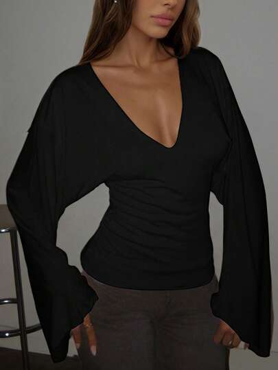 Elegant Black Knitted Top With Deep V Neck And Long Flare Sleeves High Stretch Fabric Pullover Halloween