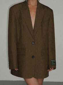 Women's Brown Casual Loose Blazer Jacket With Letter Print, Notched Collar, Single-Breasted, Long Sleeve, Suitable For Banquet, Wedding, Festival, Party, Halloween, Christmas And Other Occasions