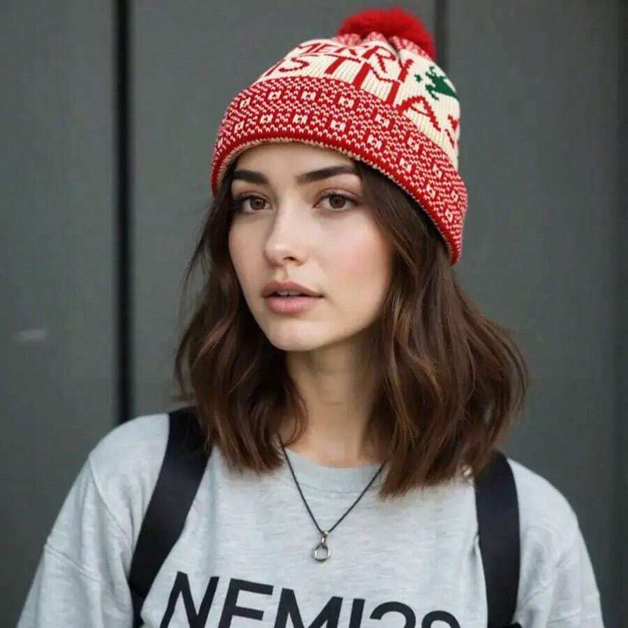 2025 neue Wintermode Weihnachtsmütze Weihnachtsmann Pelzknäuelmütze Jacquard Gestrickte Weihnachtsmütze Warme Ohrenschützer Wollmütze