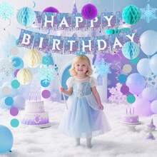 Frozen Birthday Party Decorations Princess Party Supplies Birthday Banner Honeycomb Balls Snowflake Hanging Swirls Circle Dots Garland Winter Theme Wonderland For Boys And Girls - Violet et bleu - Voir 8