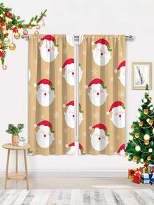 2PCS Cute Cute Cute Cartoon Cartoon Santa Claus Head Pattern Flannel Fabric Printed Curtains, Semi-Blackout, Easy-To-Install Rod-Pocket Style.