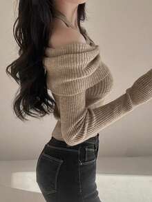 Women's Solid Color Ribbed Ruffle Hem Casual Turtleneck Long Sleeve Sweater, Autumn/Winter - Camel - View 2