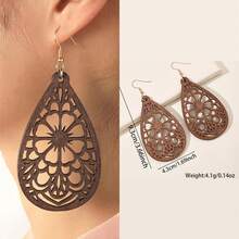1 对水滴形几何雕刻木质休闲百搭女士耳环 - 棕色4 - 查看 7