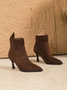 女士尖头高跟踝靴，柔软皮革，后拉链，纯色，适合万圣节，黑色裸色高跟踝靴，秋冬季 - 咖啡棕 - 查看 6