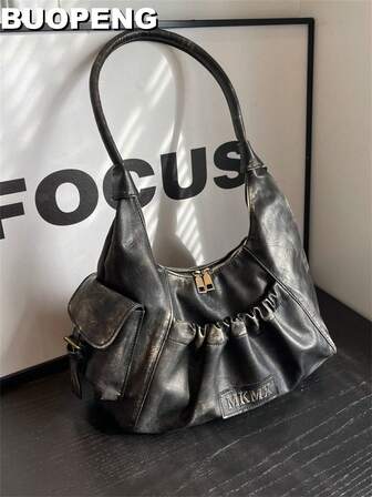 Korean Version Simple Niche Solid Color Black Vintage Texture Women's Bag Autumn And Winter New Fashion Handbag, Casual Versatile Commuting Travel Large Capacity Shoulder Bag