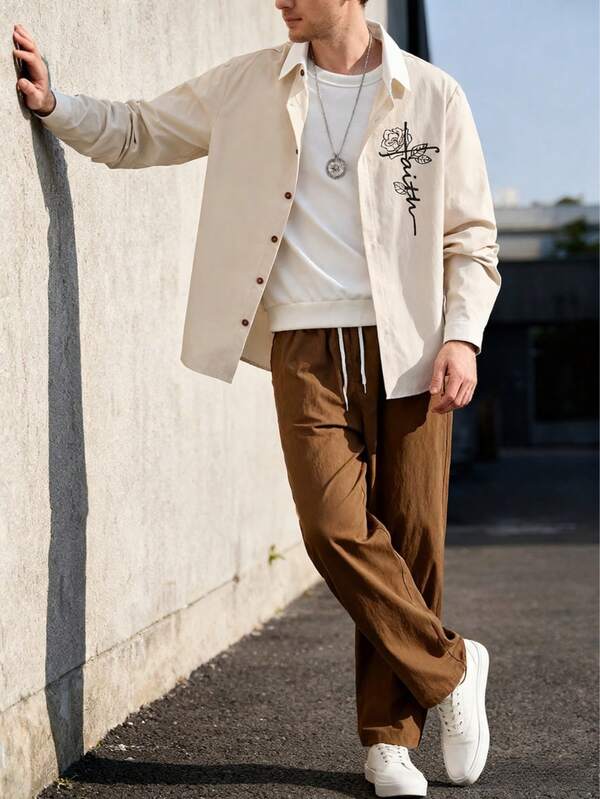 Conjunto casual masculino, cardigan confortável de algodão com patchwork e gola contrastante, manga comprida, calça com cordão e caimento relaxado. Adequado para lazer, encontros, viagens e trabalho. 100% poliéster, lavável à mão/máquina.