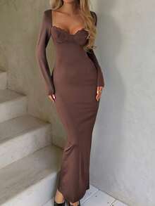 Women's Solid Color Fitted Long Sleeve Lace Dress - Brown - View 3