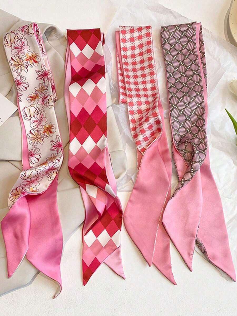 4pcs Women Pink Ditsy Floral Scarves/Hair Ties, Casual Elegant Daily Dating Travel Multipurpose Gifts Hair Band Turban Headband Sweatband, Hairband Fall Winter Hair Accessories For Women For Vacation Outfits Woman Women Bandanas Soft Headwrap Women Scarf - 多色 6 - 查看 1