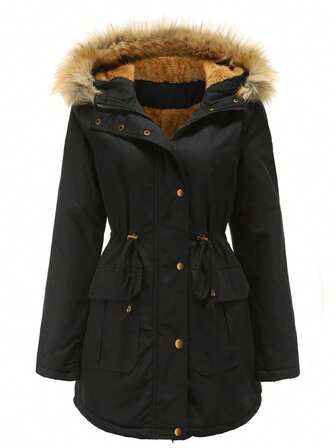 Women's Solid Color Drawstring Zipper Pocket Parka Coat, Thermal Lined Padded Coat With Fur Collar Hooded Warm Outerwear, Loose Fit Padded Coat For Daily, Travel, Airport, Winter D336