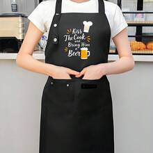 1pc Funny "Kiss The Cook" Polyester Apron - Breathable Waist Apron With Chef Hat & Utensils Design, Lightweight Durable Kitchen Apron For Home Cooking, Restaurants, Food Trucks - Black With White Text, Culinary Attire, Playful Kitchenwear, Practical Pockets, Cooking Attire, Humorous Design, Highquality Material, Restaurant Staff - AZX0001 - View 2