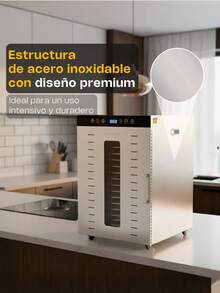 RHINO Deshidratador de Alimentos DESALI-16, 16 Bandejas de Acero Inoxidable, 1,350 W, Temperatura Ajustable (30-90 °C), Panel Táctil Digital y Luz Interna