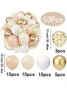 1 set de 53 globos en tonos beige, blanco, dorado, nude, crema y neutros en estilo bohemio con confeti dorado, adecuados para decoración, regalos, fiestas, baby shower, cumpleaños, boda, revelación de género y ceremonia de bautizo