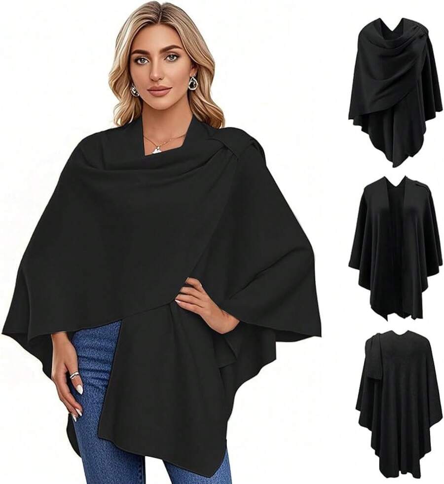 Capa Poncho para Mujer 130x150 cm - Capa Elegante de Punto Suave, Chal Bufanda Grande con Frente Cruzado para Otoño e Invierno - Oficina, Viaje, Hogar - Negro - Ver 1