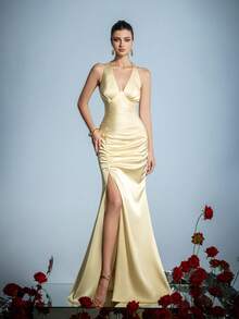 Faeriesty 优雅缎面细吊带晚礼服——收腰设计，A字裙摆，后背拉链细节——是婚礼、舞会、盛大晚宴和正式招待会的理想之选 - 淡黃色 - 查看 1