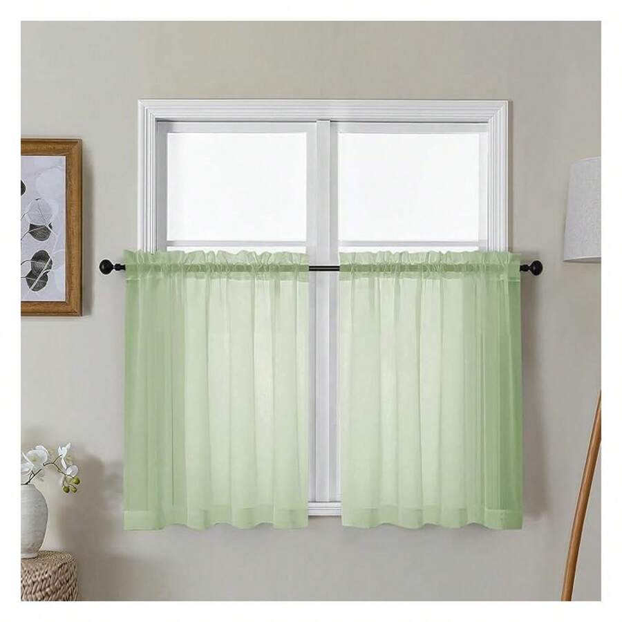 Light Green Sheer Curtains 30 Inch Length, Short Light Filtering Voile Small Cafe Kitchen Curtains With Rod Pocket, Short Curtain For Bathroom Window, 42x30 Inch, 2PCS - Multicolor 152 - View 1