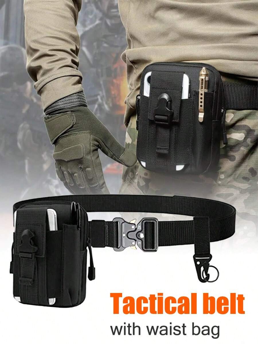 1-Piece 2-In-1 Tactical Waist Belt With Waist Bag- Heavy-Duty Nylon With Adjustable Buckle - Multi-Purpose Survival Gear For Outdoor/Hiking - Fall Adventure Essential, Holiday Camping Gift, Thanksgiving Prep Gear, Instagrammable EDC Accessory, Tactical Fashion Must-Have - Multicolor - View 1