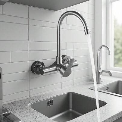 1pc Modern Stainless Steel Dual Function Wall-Mounted Kitchen Faucet - Cold And Hot Water Mixer Tap For Sink