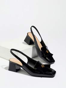 2025新款优雅高跟鞋，多功能亮面皮革材质，粗跟，无后跟套穿凉鞋，穿着舒适，女士高跟鞋 - 黑色 - 查看 7