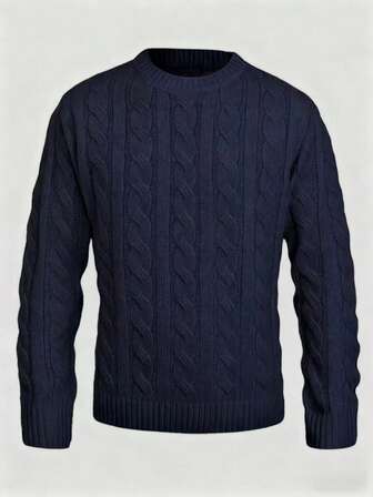 Navy Blue Crew Neck Drawstring Jacquard Casual College Style Pullover Sweater For Men, Spring/Autumn/Winter, Long Sleeve Top