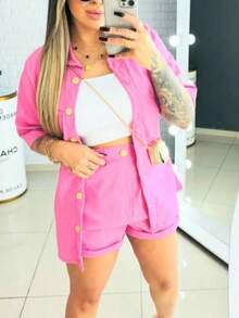 Linen Shorts And 3/5 Sleeve Shirt Set - Pink - View 2