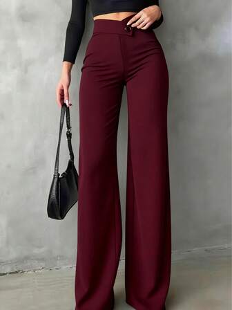 Women's Solid Black Casual Elegant Straight-Leg Pants, Back To School Asymmetrical V-Shaped Waistline Accentuates Curves, Suitable For Daily Wear, Office Commute, Dates, Holidays