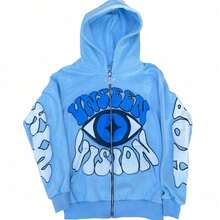 Women Sky Blue Y2K Hoodie Eyes Print Loose Hip Hop Street Harajuku Hoodies Letter Printing Vnseen Vision Halloween Hoodie Unisex - 藍色 - 查看 7