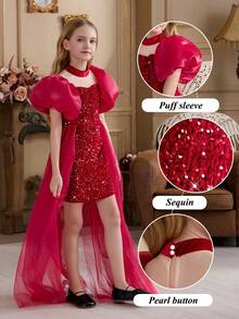 Tween-Mädchen Kleid mit burgunderroten Puffärmeln, abnehmbarem Schweif und Pailletten, elegantes Partykleid, Prinzessinnenkleid geeignet für Mädchen Geburtstagsfeiern, Hochzeiten, Brautjungfern, Feierlichkeiten - Bordeaux - Übersicht 3