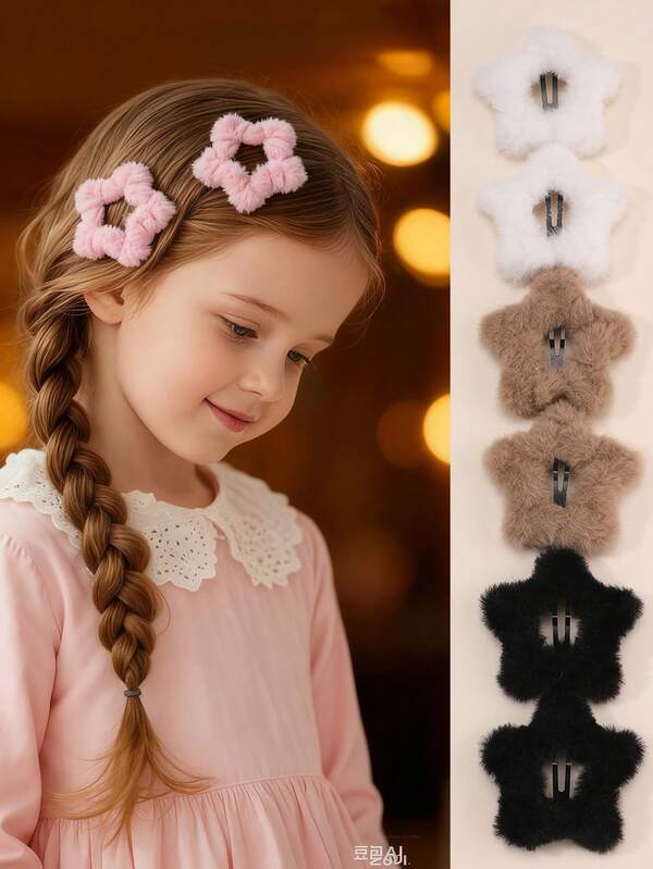 5pcs/10pcs Girls Plush Multicolor Star Hair Clips Set, Suitable For Daily Decoration