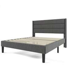 Upholstered Bed 140 X 200 Cm, Bed Frame With Slatted Frame & Headboard, Upholstered Double Bed, Textile Cover Linen In Dark Grey, Modern Timeless Design, Youth Bed - Dark Grey - View 1