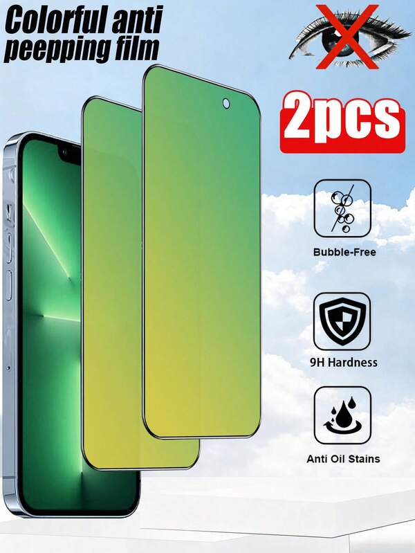 2pcs New Anti-Spy Gradient Color Mirror Effect Full Screen Tempered Glass Screen Protector, Compatible With Apple X/XR/11/12/13/14/15/16/17 Series Screen Protection Essentials, Applicable To Daily Shield, Office, Home Daily Shield Office Home Phone Screen Protector Phone Accessories Privacy Screen Protector Waterproof Shockproof Anti-Fall Scratch Resistant