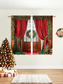 2 PIEZAS Cortinas con temática navideña de tela cepillada y estampado digital, con diseño en tonos rojos, estilo de bolsillo para barra, hechas de tela de poliéster semi-transparente - Ideal para salas de estar, cocinas, dormitorios, hoteles y restaurantes.
